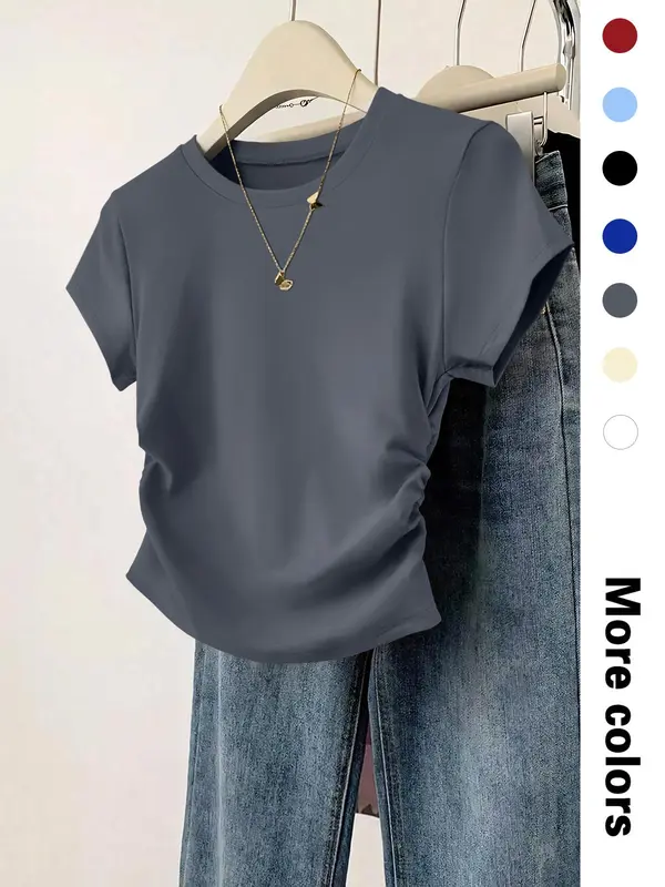 Women's Plain Curved Hem Ribbed Tee, Casual Short Sleeve Round Neck T-shirt for Daily Wear, Ladies Clothes for All Seasons, Top, Womenswear 5