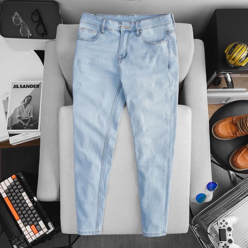 Quần jean nam xanh sáng xước slim fit ôm dáng VNXK Menswear Có Túi Pants - Form Skinny fit - Ong