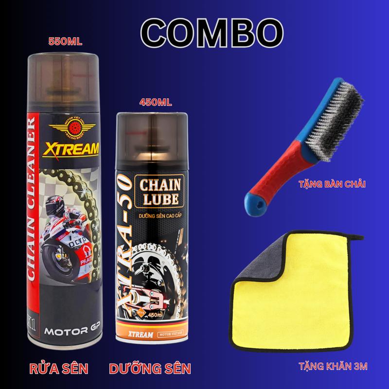  COMBO chai xịt dưỡng sên xe máy xtra50 và rửa sên x1   tặng khăn 3M và bàn chải 3D 