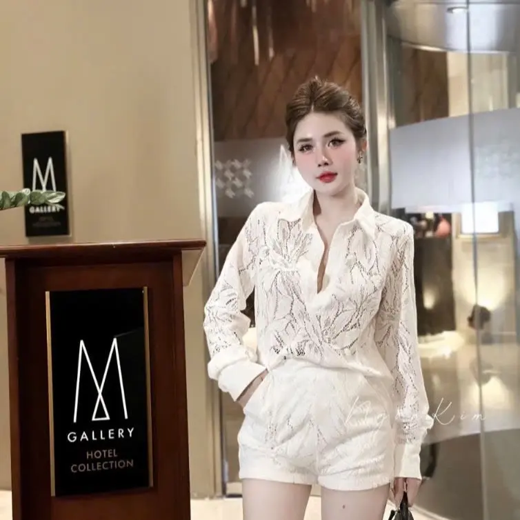[Hàng Sẵn] <Chuẩn ảnh mẫu> Set áo ren quần cộc hoạ tiết dáng giấu quần lên dáng cực xinh sang chảnh, chất liệu ren mềm mịn mặc siêu thích 4