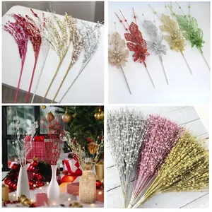 Aksesoris Natal Daun dan Akar Artficial Plants Leaf Mix Cherry Glitter Warna Warni Ornamen Merry Christmas
