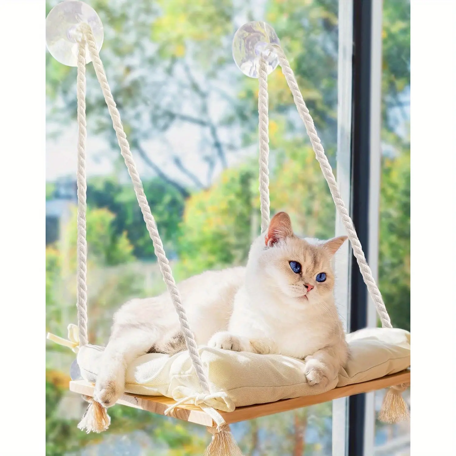 Cat Hammock with Strong Suction Cups - Wood Framed Hanging Window Perch for Small & Medium Indoor Cats - Detachable Soft PP-Cotton Filled Bed for Elevated Cat Resting - Stress-Relief Pet Furniture