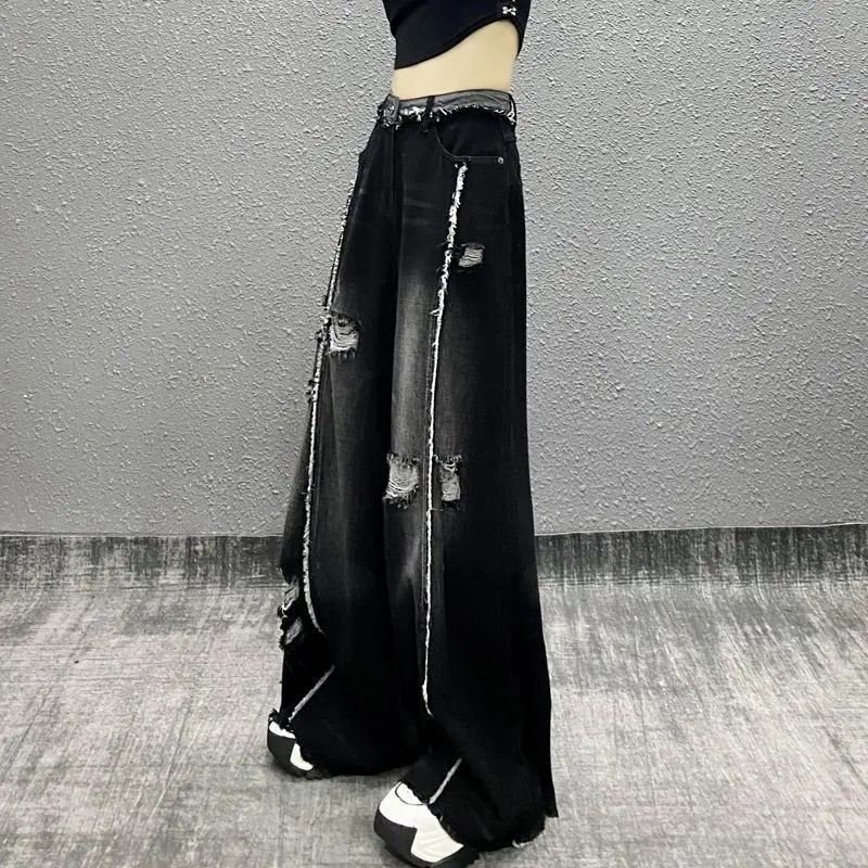 Quần Jean Ống Rộng, Phong Cách Mỹ, Dành Cho Nữ, Ngoại Cỡ, Thiết Kế Rách Sờn, Phong Cách Hip Hop, Chắp Vá, Dễ Phối Đồ, Quần Dài Đến Sàn Xếp Nếp, Hợp Xu hướng 3