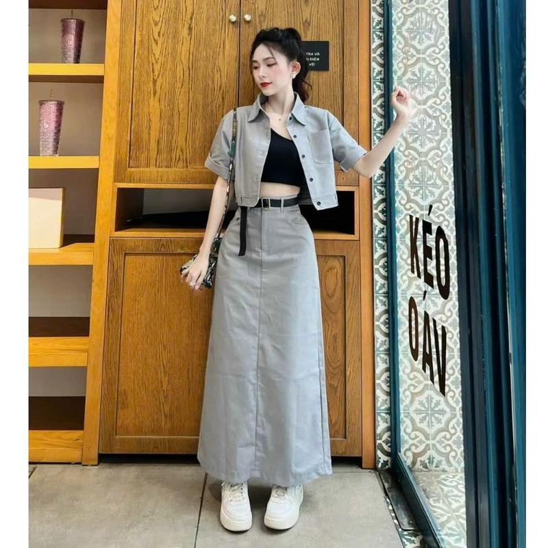 Set bộ thời trang nữ kèm lót chất kaki cổ sơ mi đính nút túi trước tay ngắn váy lưng nút kèm nịt dáng váy ống trum maxi