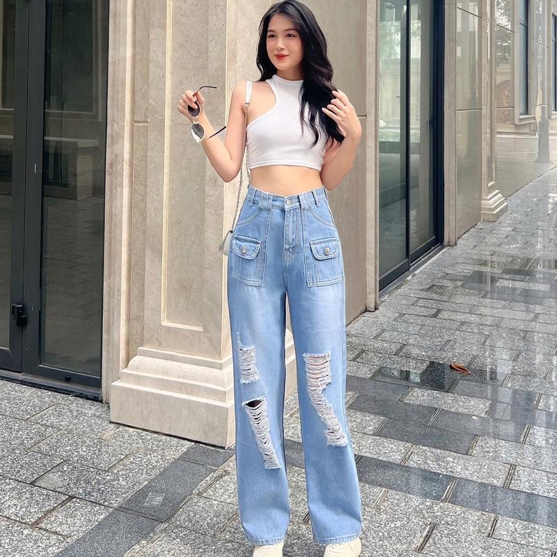 Quần jeans lưng cao ống suông phối túi hộp ms343 nữ - Women, Ong Cạp Cao Pants jean quansuong namlun suong theu quan jeansuong