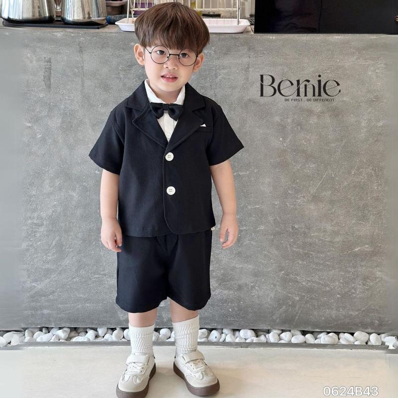 Xả kho - Set đồ vest cho bé trai cộc tay kèm nơ màu đen màu kem không áo sơ mi 1 đến 7 tuổi Bernie 0624B43