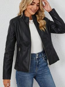 Women's Solid Zip Up Stand Collar PU Jacket, Casual Fashion Long Sleeve Outerwear, Ladies Spring & Fall Clothes for Daily Wear