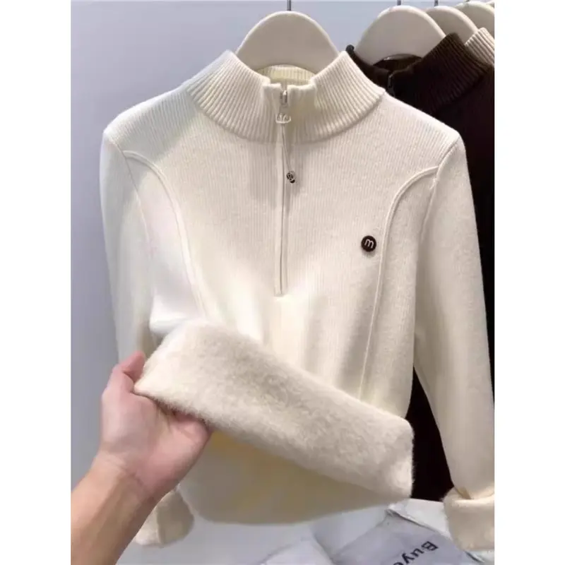 Áo Len Nữ, Chất Liệu Nhung Mùa Đông, Dày Dặn, Cổ Chân Đế Có Khóa Kéo, Lót Lông Cừu Một Lớp, Cổ Trung, Có Thể Mặc Bên Trong, Cổ Áo Hở Nửa 2
