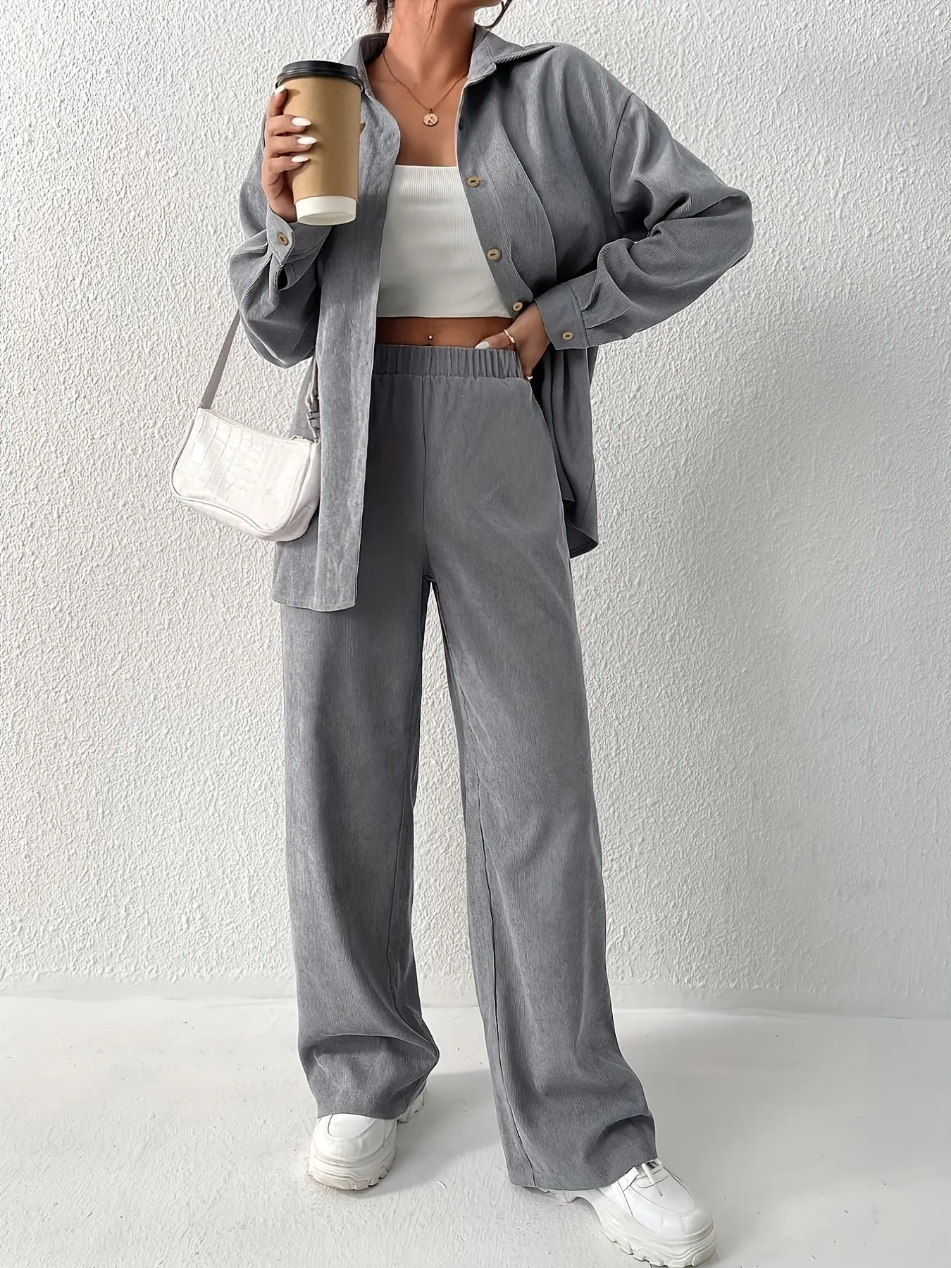 Women's Solid Button Front Shirt & Elastic Waist Pants Set, Casual Drop Shoulder Long Sleeve Top & High Waist Trousers 2 Piece Set for Spring, Women's Clothes for Daily Wear
