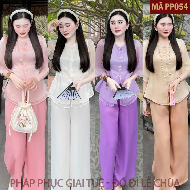 Mã PP054_Pháp Phục Đi Chùa Cho Nữ, Mã Voan Khuy Nơ, Chất Liệu Áo Voan Ánh Xước, Lót Habutai, Quần Lụa Vân, Size S-XL (40-65kg), Top Xiêm Y Đi Lễ Dành Cho Women, Đồ Lam Váy Phối Áo.
