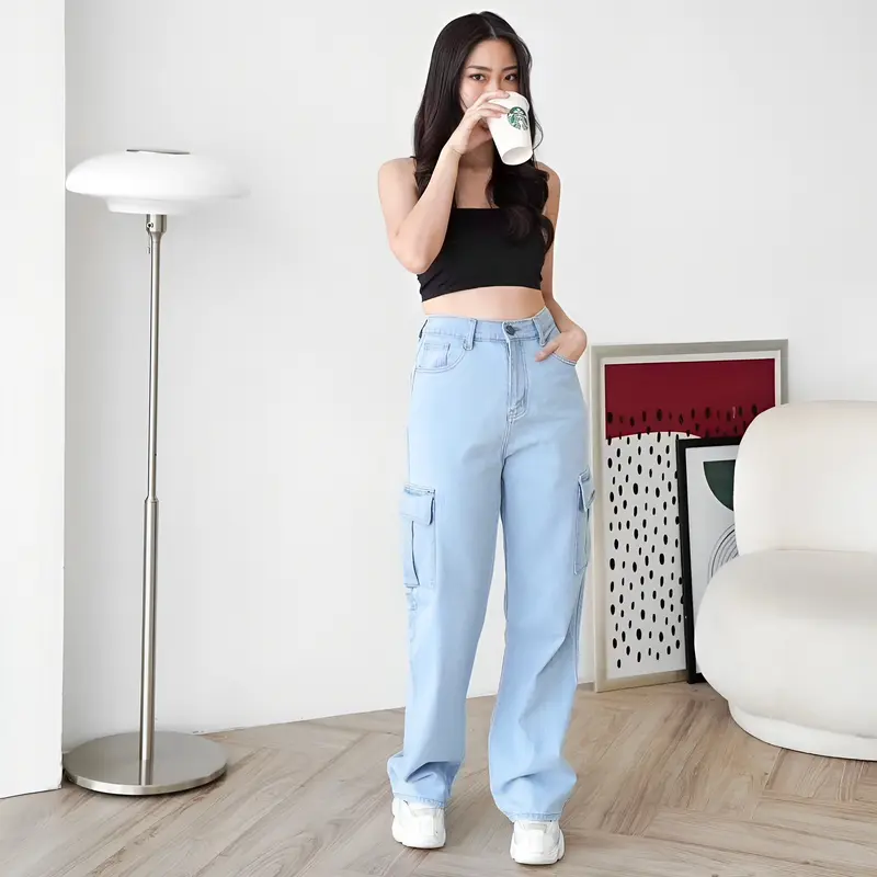 CELANA KULOT CARGO LOOSE HIGHWAIST WANITA PREMIUM Denim Kancing Light Panjang Saku Samping jeans 7