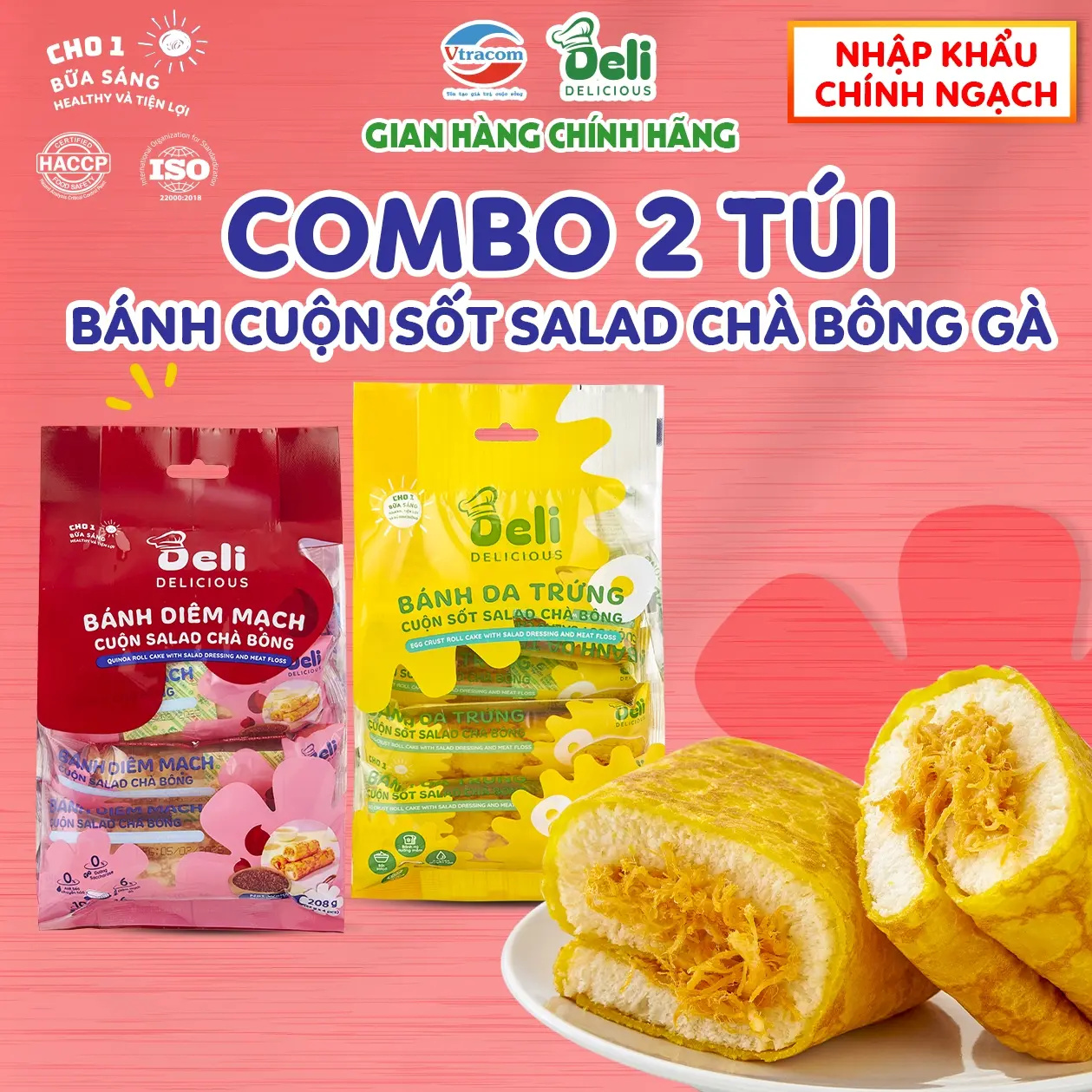 Combo 2 Túi Bánh Da Trứng Cuộn Sốt Salad Chà Bông Gà DELI - Bánh Ăn Sáng - Tặng 01 bánh 85g