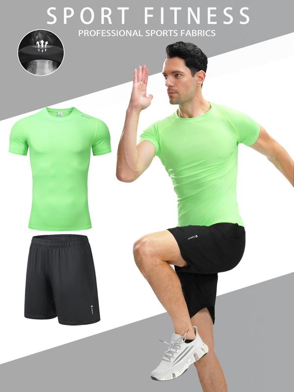 Two-Piece Set Men's Solid Color Sportswear Set, High Stretch Breathable Quick Drying Round Neck Short Sleeve Compression T-shirt & Pocket Design Drawstring Waist Gym Shorts, Casual Sportswear Set for Running Gym Workout 1