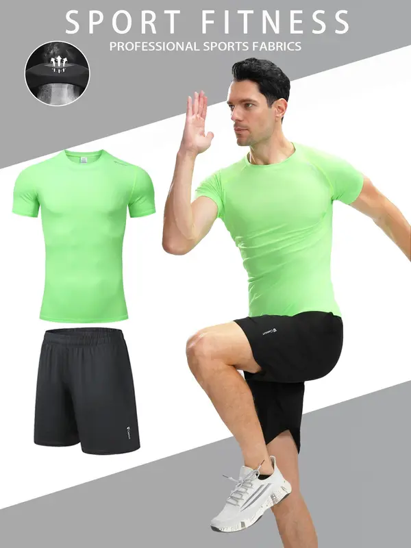 Two-Piece Set Men's Solid Color Sportswear Set, High Stretch Breathable Quick Drying Round Neck Short Sleeve Compression T-shirt & Pocket Design Drawstring Waist Gym Shorts, Casual Sportswear Set for Running Gym Workout 1