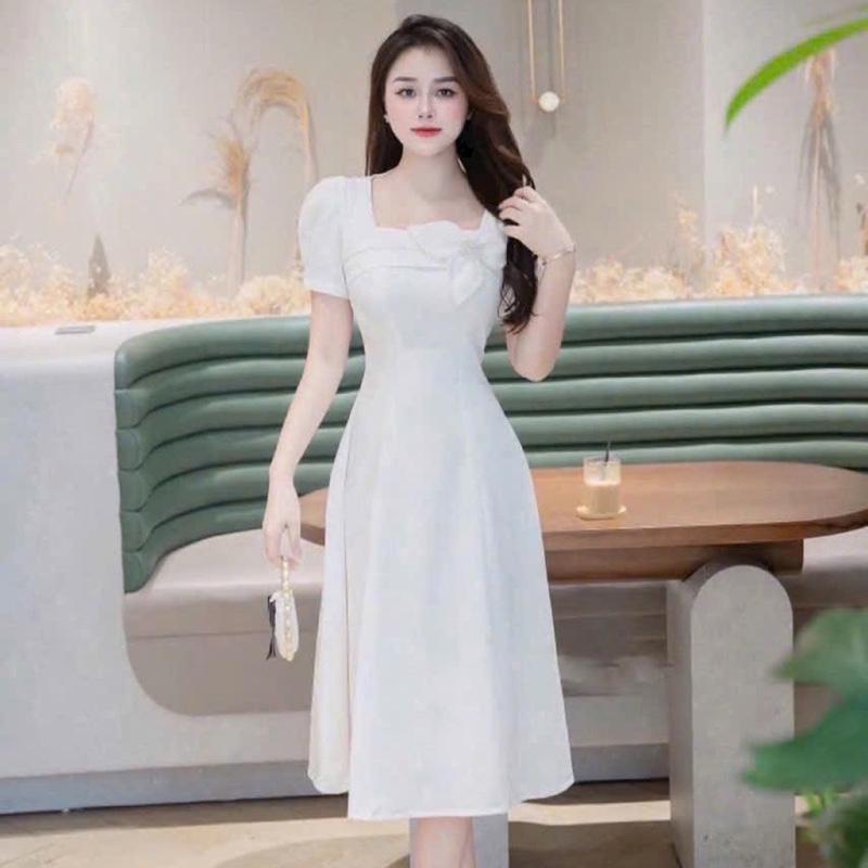 Đầm Nữ Bigsize Đi Tiệc Cổ Vuông Đính Hoa,Phụ Kiện Dáng Dài ,Váy Trơn Thanh Lịch, Nền Tảng, Sang Trọng, Đầm Thiết Kế Tiểu Thư 1