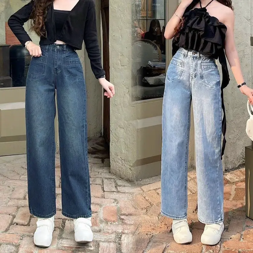 Quần Ống Suông Nữ Chất Jeans Cotton Túi Trước Kiểu Đơn Giản Đứng Form (95cm)