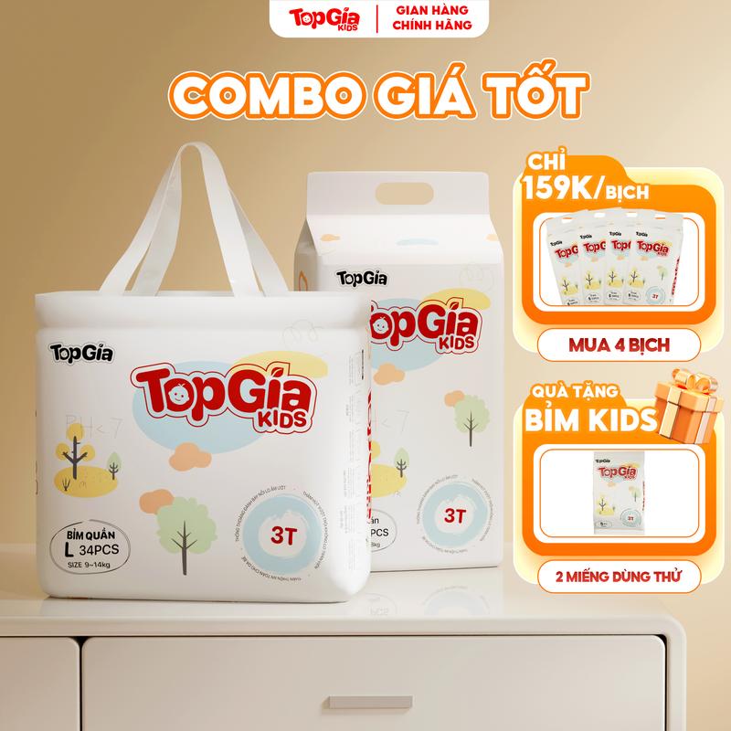 (LIVE - COMBO 4 BỊCH GIÁ TỐT) Tã Bỉm Topgiakids, pH<7 an toàn cho da bé, mềm mại, mỏng nhẹ, chống tràn tối đa, tặng 2 miếng dùng thử (TDN)