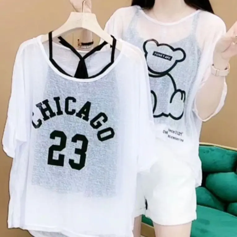 Tiktok shop-Top Two-Piece Short Sleeve plus Sling Welfare Cool Loose Casual