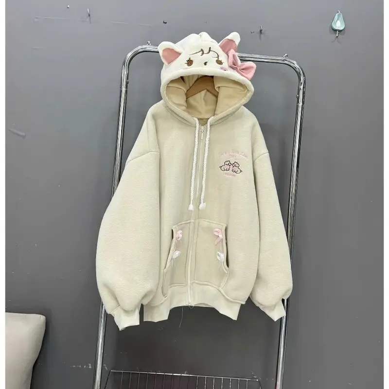Áo khoác nỉ  hoodie zip nữ hoạ tiết  cún nổi bật mũ phối tai   kem nơ cực xinh Top Womentop 2025 2