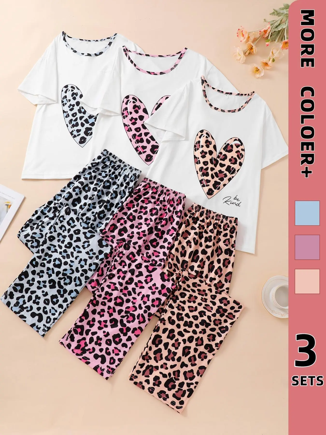 Women's Leopard Heart Print Tee & Elastic Waist Pants Pyjama Set, Casual Comfy Round Neck Short Sleeve T-shirt & Trousers Pj Set, Ladies Sleepwear for Spring & Fall Valentine's Day, Gift, Pyjamas for Women