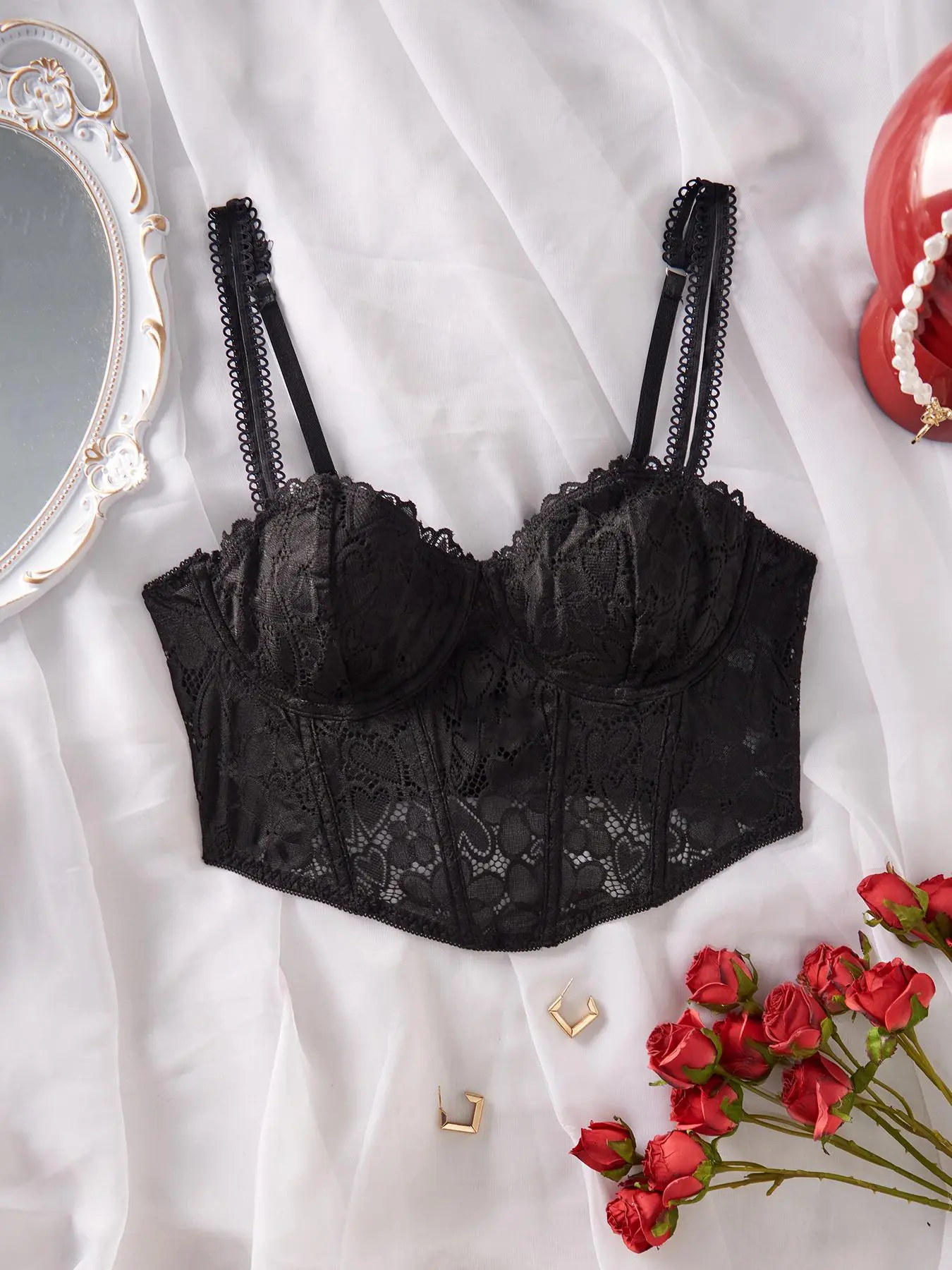 Women's Adjustable Strap Sheer Push Up Sexy Lace Lingerie Top, Asymmetrical Hem Corset Structure Adjustable Hook & Eye Underwire Bra, Soft Comfortable Breathable Bralette for Daily Wear