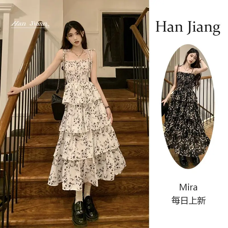 Váy Hai Dây Hoa, Hc Pháp Ngọt Ngào Siêu Cổ Tích, Váy Công Chúa Bánh Ngọt Dài Trung Bình Thiết Kế Cho Nữ, Phong Cách Hepburn