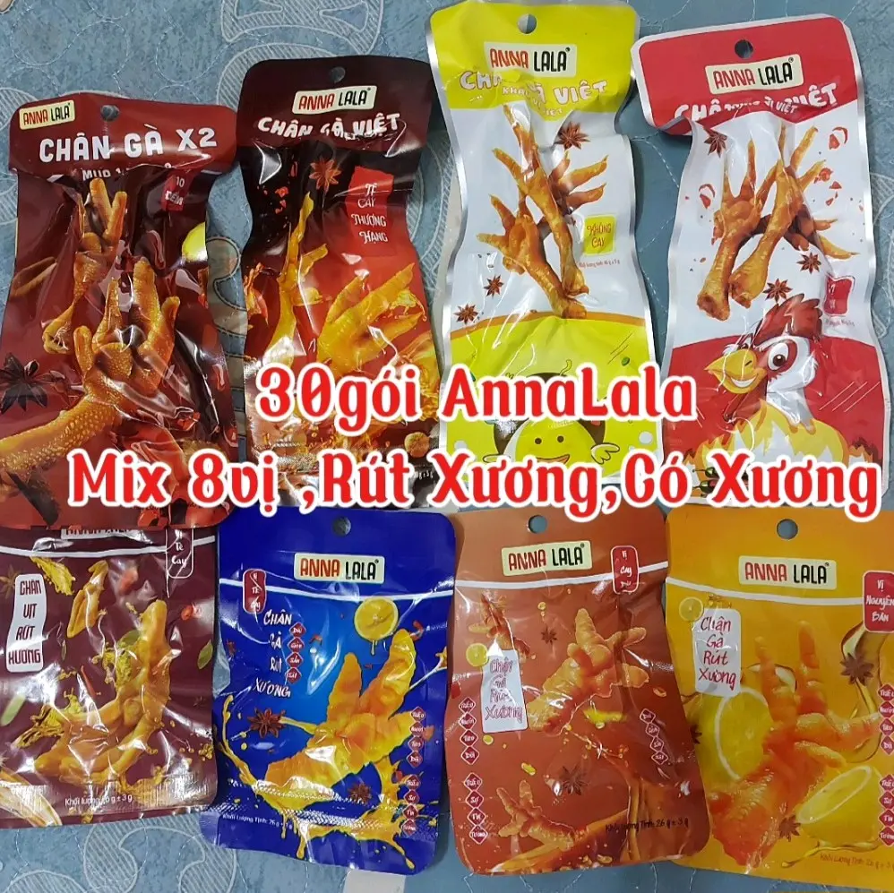 30Gói Mix Đủ Vị AnnaLala[có Xương Rút Xương] Tê Cay Thượng Hạng Tặng Kèm Muối Chấm[3gói  X2.8rút xương.13tê cay 35g.3cay tê 45g.3không cay45g]
