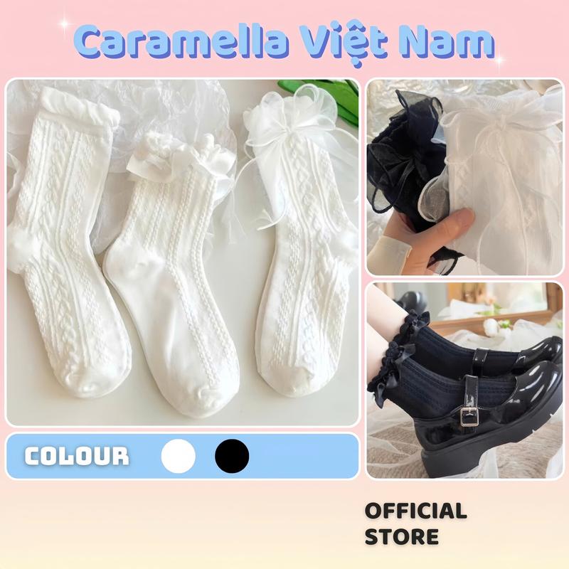 Tất Vớ Cao Cổ Nữ Phối Ren Đính Nơ Màu Trắng Đen Phong Cách Lolita Dễ Thương H012 Caramella Việt Nam Cotton Women Thun