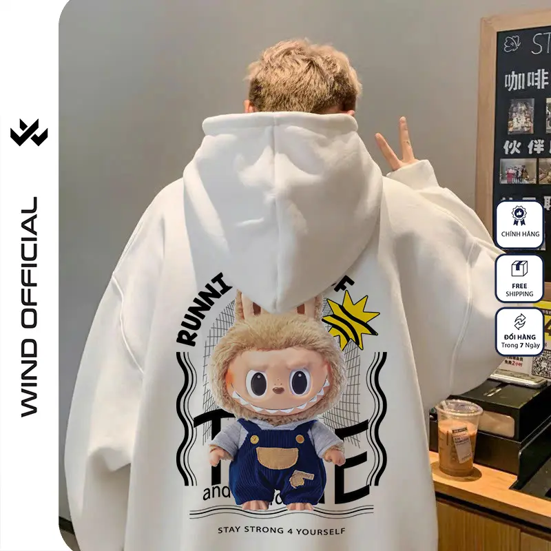 Áo hoodie unisex form rộng WIND LABUBU RUNNING hoodie nút bấm thời trang nam nữ nỉ bông oversize Menswear Dài Tay Menswear Dài Tay