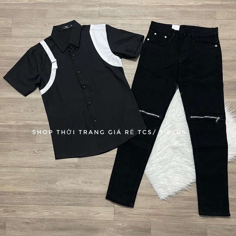 1 BỘ ( áo sơ mi ngắn tay đen phối trắng  phối  quần jeans đen gối khoá kéo co giản) size từ 45 -75kg dành cho nam