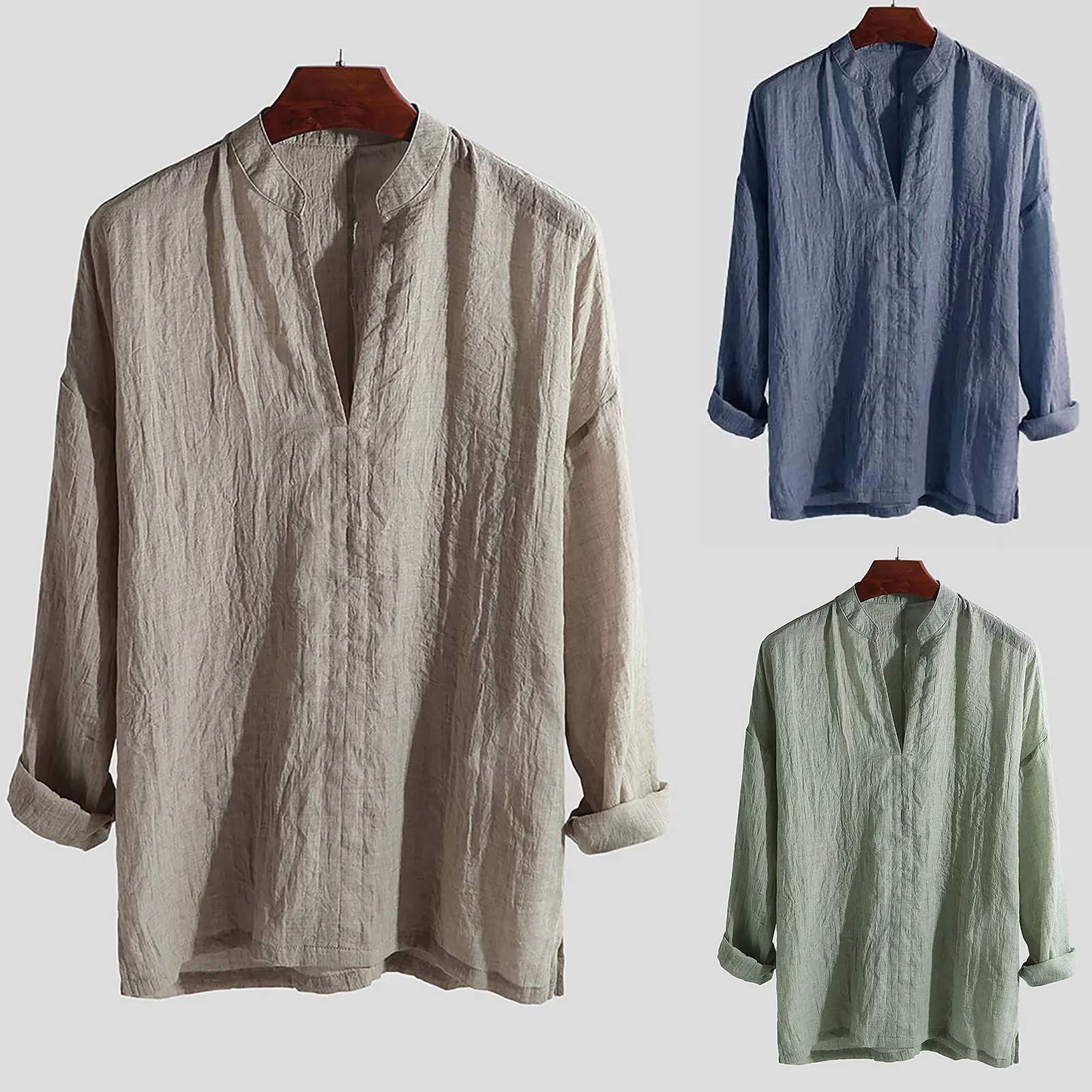 wilinive|Men Shirt Solid Color Breathable Shirt Stand Collar Linen Blouse for Office