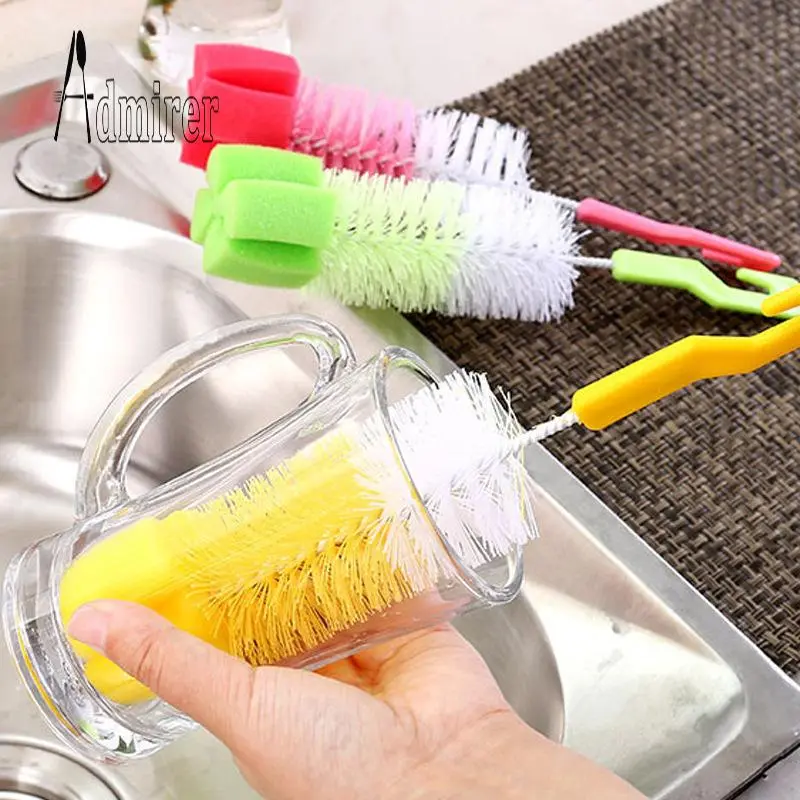 1 Pc Random Color Household Long Handle Milk Bottle Brush 360° Kitchen Fine Hair Sponge Brush Glass Cup Cleaning