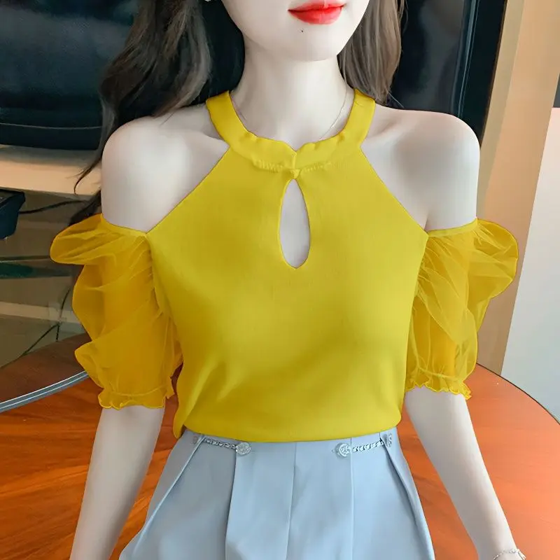 Áo Thun Ngắn Tay Cho Nữ, Tay Áo Lưới, Áo Len Mỏng Retro Ôm Sát, Áo Trễ Vai Cổ Dây Rỗng Phong Cách Mới Mùa Hè 2023 Cho Nữ