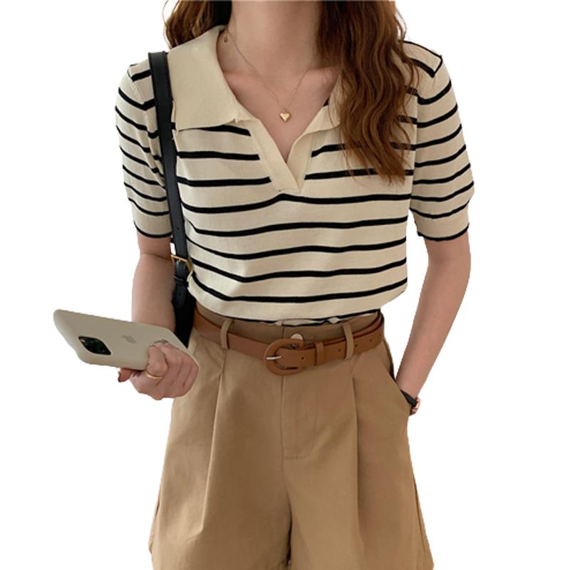 BLOUSE WANITA KOREA STRIPE Hitam Navy Baju rajut salur wanita Atasan knitwear basic 1