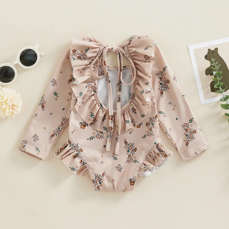 Đồ Bơi Mùa Hè Cho Bé Gái, In Hoa, Áo Jumpsuit Quần Dài Tay Áo Có Bèo Nhún Thích Hợp Cho Đồ Bơi, Đồ Đi Biển, Đồ Tắm 2