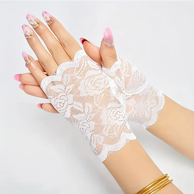 Women's Lace Wedding Gloves Half Finger Covering Short Dance Decorative Gloves 1