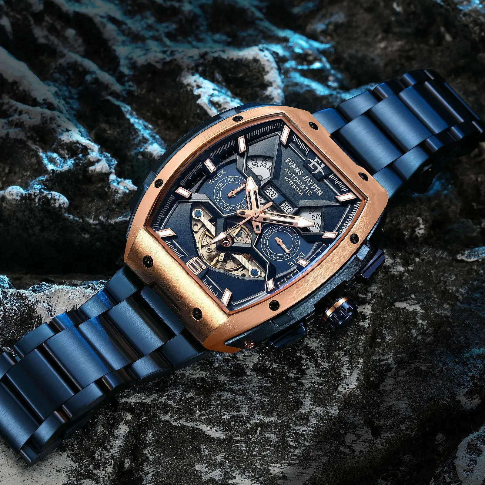 Evans Jayden Jam Tangan Pria 9620 Rantai Automatic Movement Stainless Steel Kaca Sapphire Chronograph Water Resistant 5 ATM