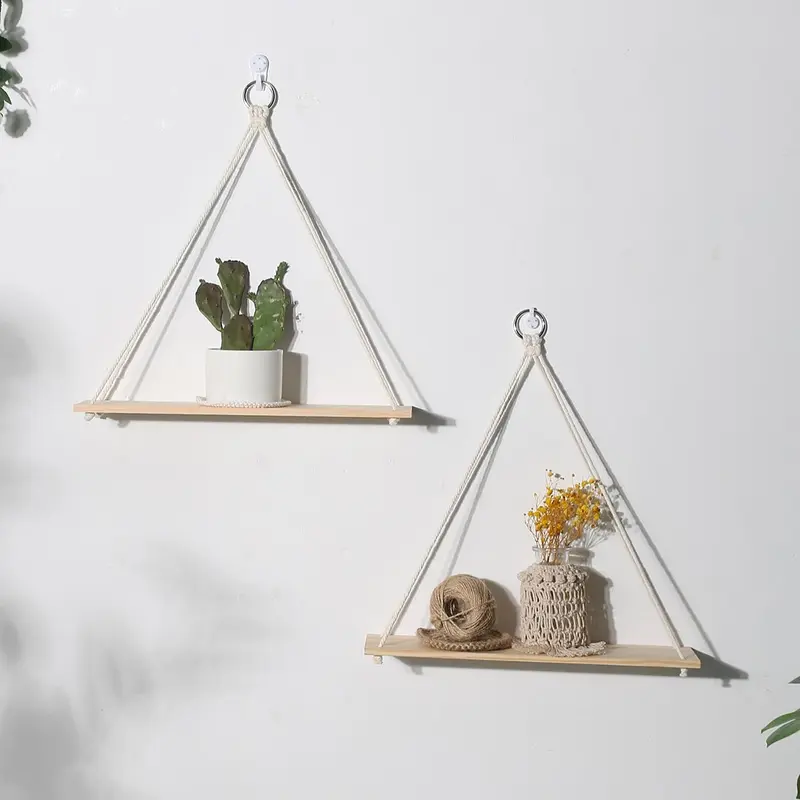 Hanging Wooden Shelves, 2 Counts Boho Hanging Plant Shelf, Floating Farmhouse Rustic Shelf, Room Decor, Summer Gifts Home Interior Decor, Hanging Hook 5