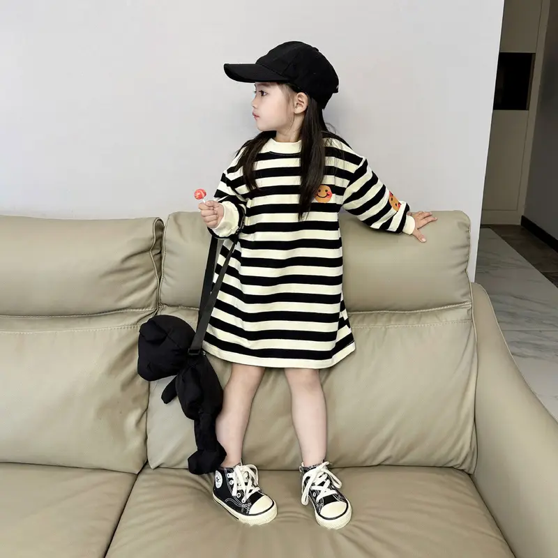 Váy Bé Gái, Phong Cách Phương Tây, Váy Len Dài Trung Bình Thiết Kế Mặt Cười Cho Trẻ Em, Váy Dài Tay Thường Ngày Kẻ Sọc, Hợp Xu hướng, Thích Hợp Cho Bé Gái 5
