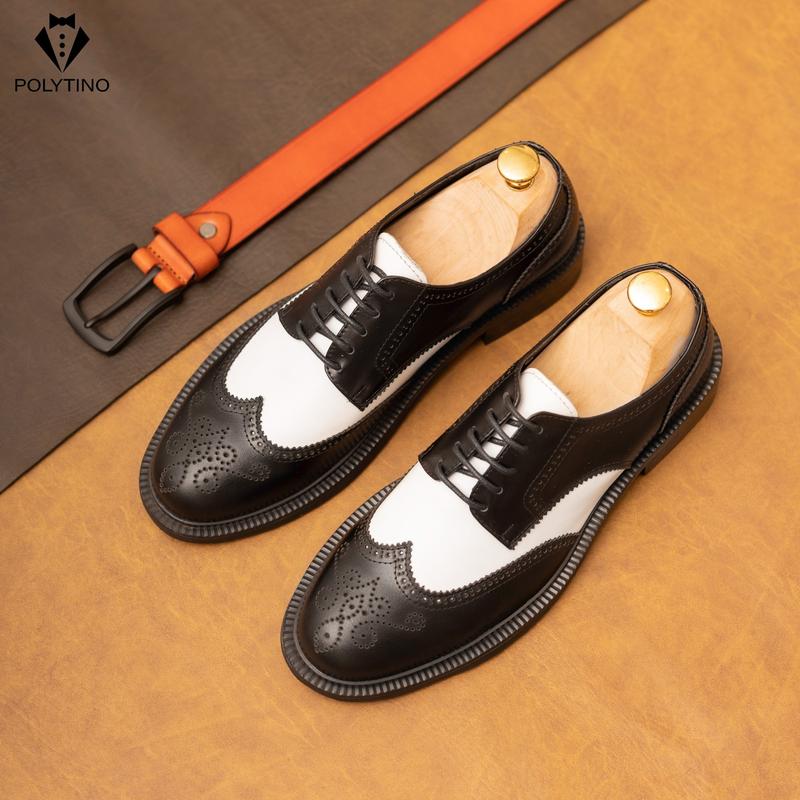 Giày DERBY 002 Tây Nam Wingtip Brougue Đen Trắng Da Bò Đế Gỗ POLYTINO