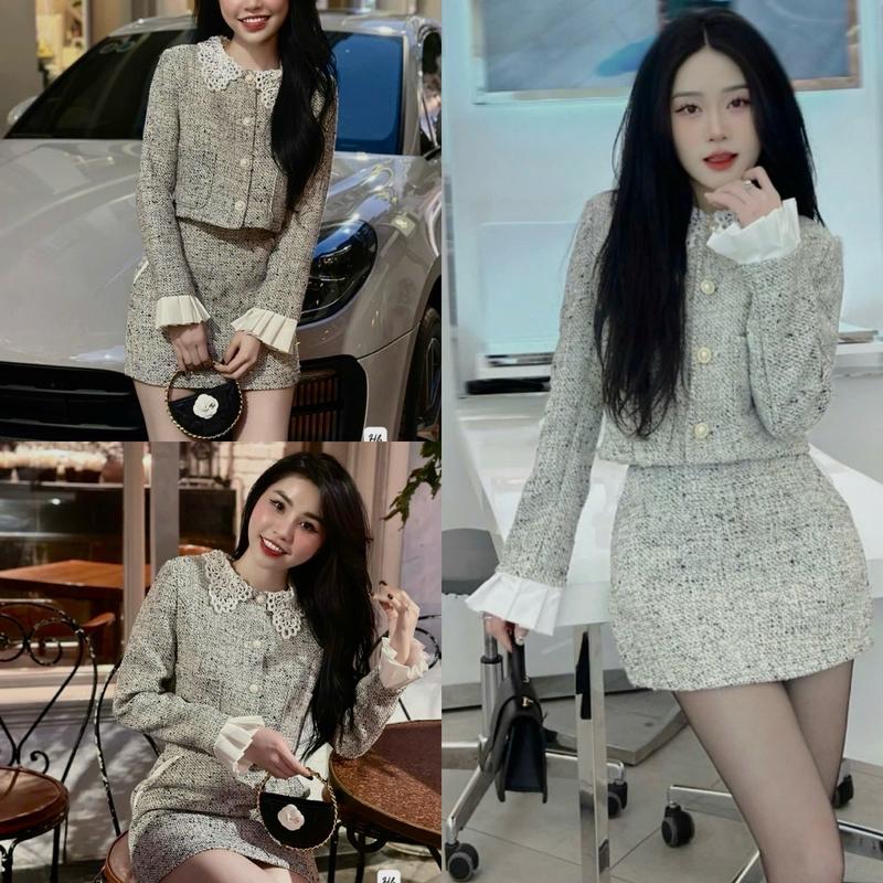 Set dạ thiết kế đính ngọc đáp cổ ren chân váy kèm áo khoác phối tay xếp ly tiểu thư LY202, tiểu thư, sang chảnh, women winter