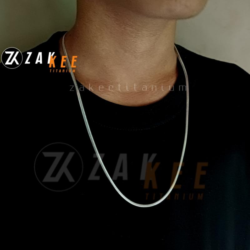 Kalung Titanium Pria Wanita Anti Karat Silver Belut Gepeng Pipih Silver Aksesoris Cowok Cewek Stainless 4