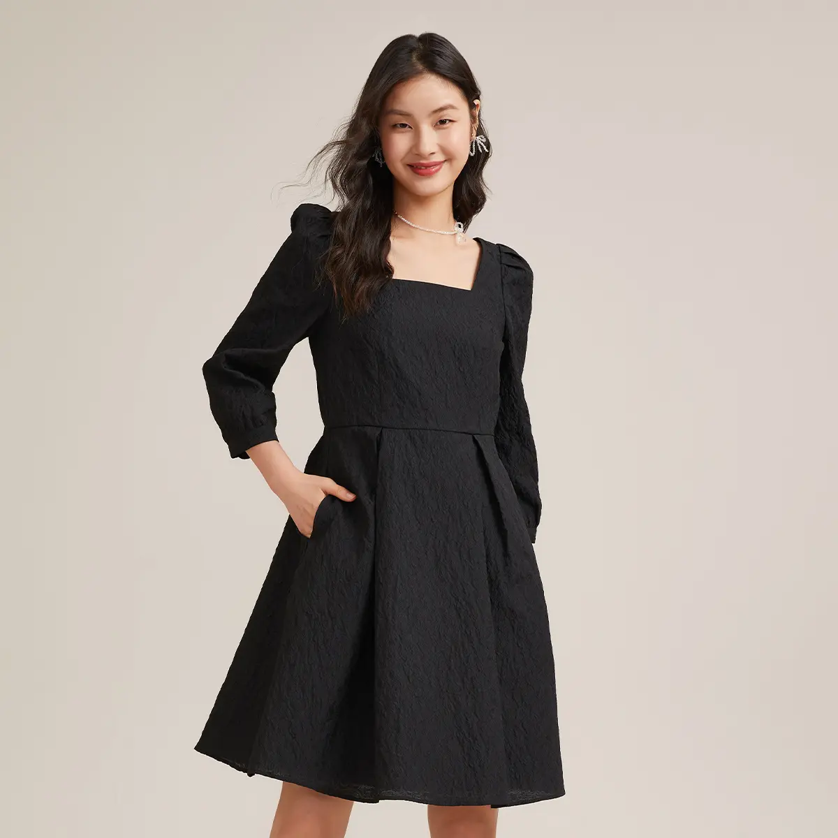 GOELIA Detachable Bow Jacquard Mini Dress Casual Cotton Fit Loose Womenswear