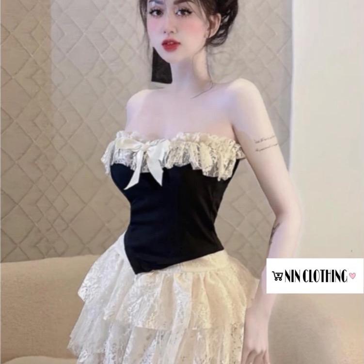 Set Nữ áo quây nơ ren và chân váy tầng ren sang chảnh, set sang chảnh đi tiệc, set sang chảnh đi đâm cưới, set áo và chân váy tầng (có kèm ảnh thật shop tự chụp) Nữ Kem Top Women Nhung 5