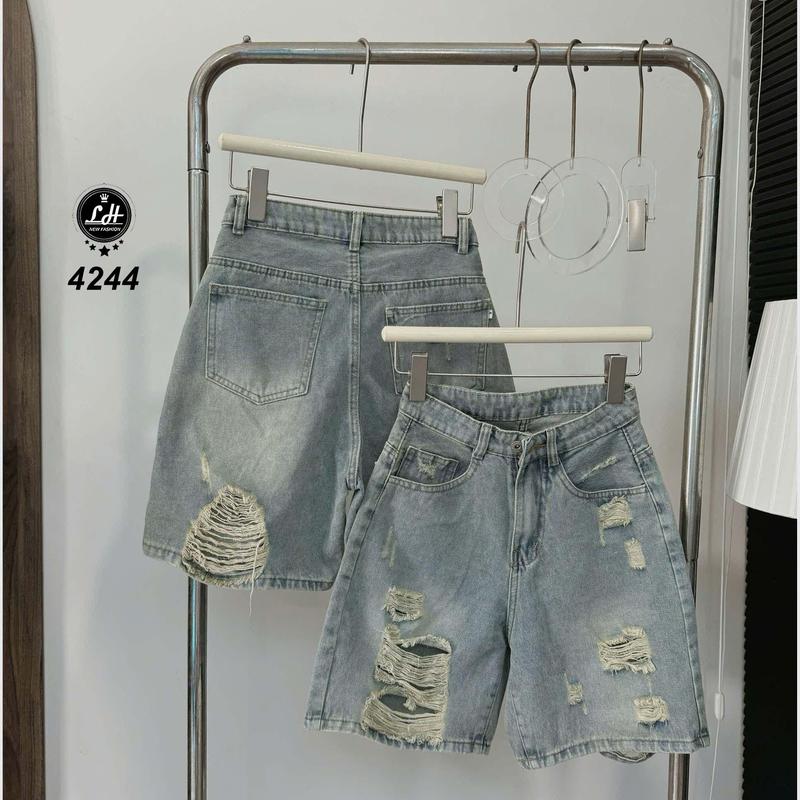 Quần jean ngố nữ rách gối tua rua cạp cao cá tính Lê Huy Fashion MS 4244