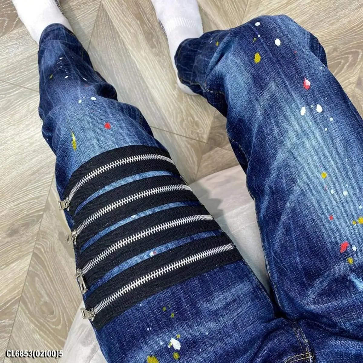 Quần jean xanh 4 khoá kéo vẩy sơn cá tính,đường phố Nam Menswear Pants Có Túi