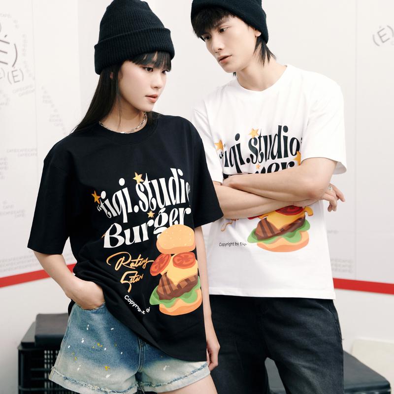 [ TiQi Jeans ] A52 Áo thun TiQi Form Rộng Hamburger Cổ tròn Cotton