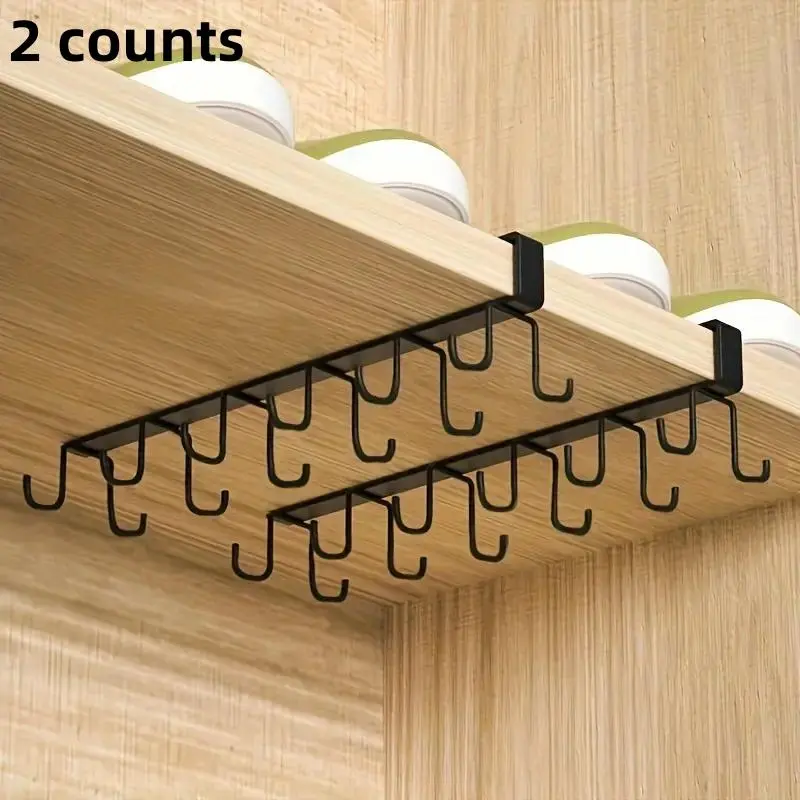 Kitchen Under Cabinet Cup Holder, 2 Counts Space Saving Hanging Traceless Iron Cup Hook, Hanging Rack for Kitchen Bathroom Bedroom Dormitory Dining Room