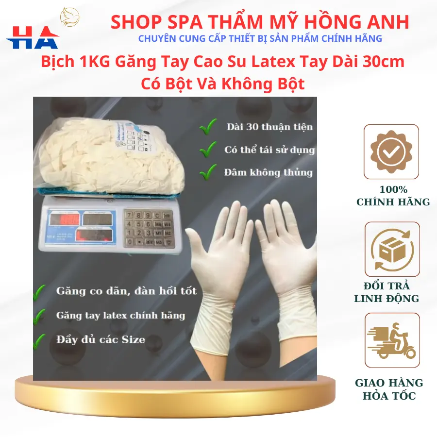 Bịch 1KG găng cao su tay y tế latex tay dài 30cm có bột và không bột