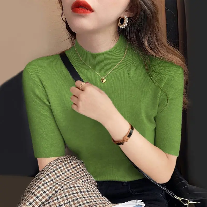 Áo Dệt Kim Cho Nữ, Cổ Cao, Mỏng Vừa Vặn, Áo Sơ Mi Thường Ngày Áo Cánh ngắn Tay Nữ, Phong Cách Hàn Quốc, Dáng Ôm, Áo Phông, M99, Hàng Mới Về 0